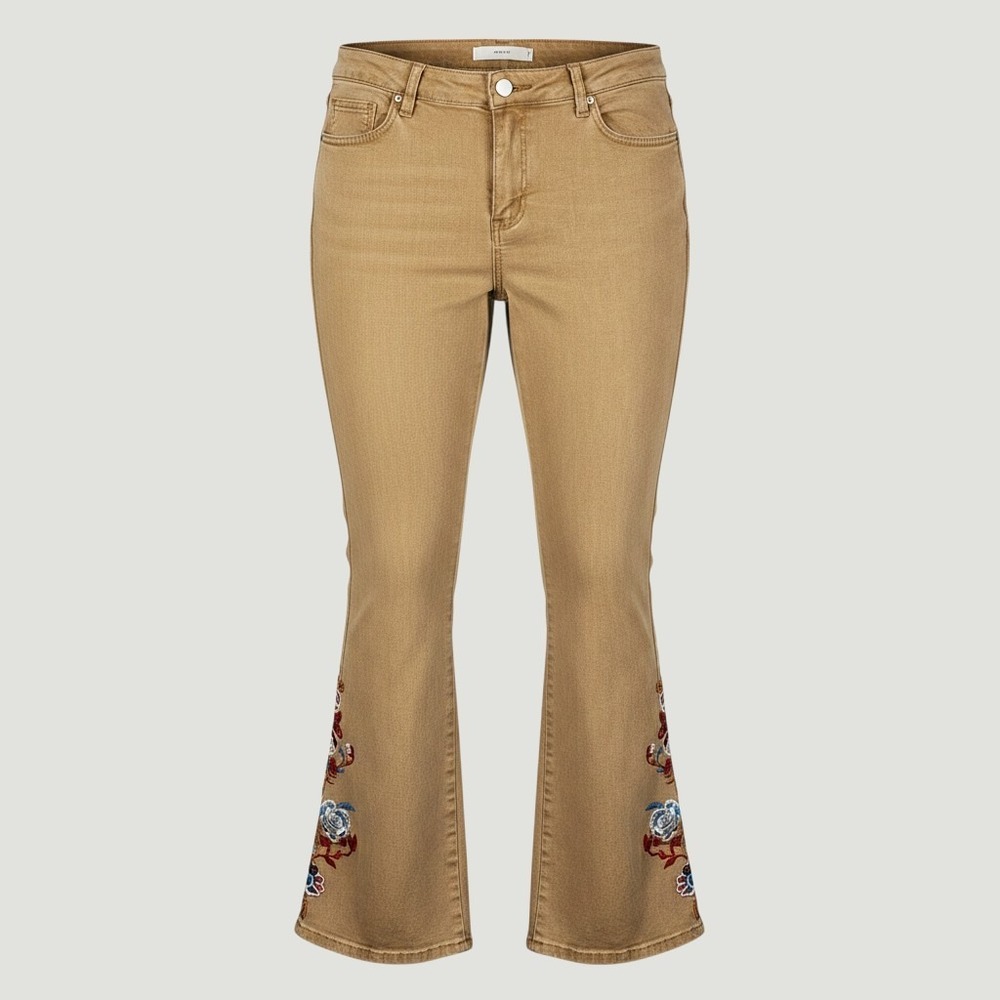 Embroidered Flare Jeans Tan‎ Brown Floral Bootcut Boho Festival 14W 30 EUC